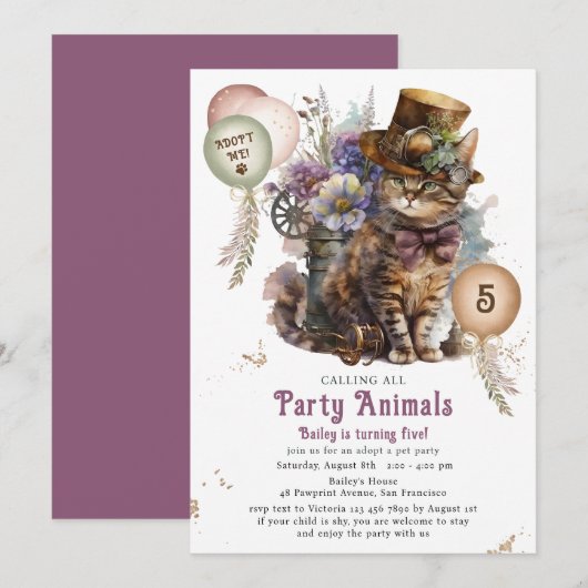 5. Geburtstagskatze Adoption Party Einladung (Vorne/Hinten)