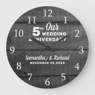5. Hochzeit Jubiläum Holz schwarz und weiß Große Wanduhr