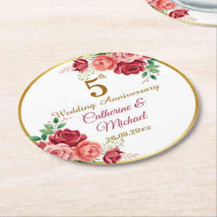 5. Hochzeitsjubiläum Goldrahmen Floral Runder Pappuntersetzer