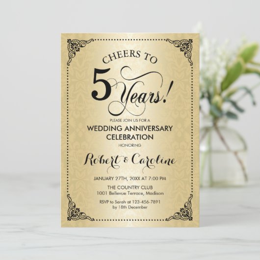 5. Hochzeitstag - Black Gold Damask Einladung (Stehend Vorderseite)