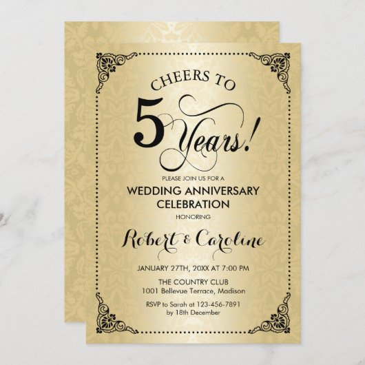 5. Hochzeitstag - Black Gold Damask Einladung (Vorne/Hinten)