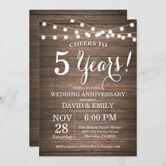 5. Hochzeitstag Einladung rustikales Holz (Vorne/Hinten)