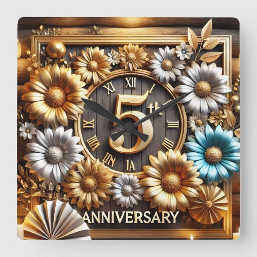 5. Hochzeitstag Quadratische Wanduhr (Vorderseite)