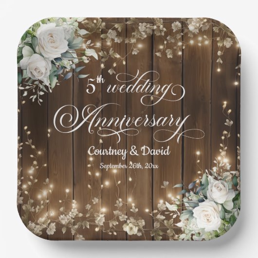 5. Hochzeitstag Rustikale Saitenlichter Pappteller (Vorderseite)