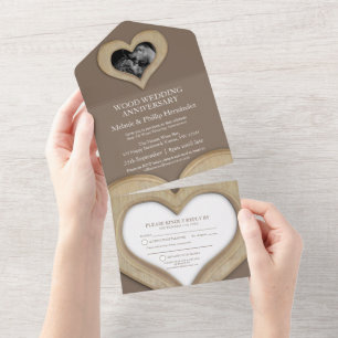 5. Holzherz Hochzeitstag Foto braun All In One Einladung