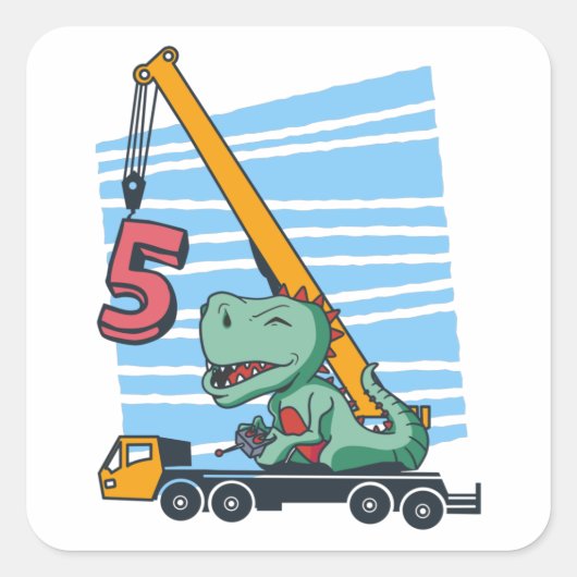 5 Jahre 5. Geburtstag Mobilkran Dinosaurier Quadratischer Aufkleber (Vorderseite)