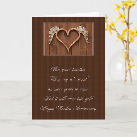 5 Jahre Holzherz-Jubiläum Karte (Gelbe Blume)