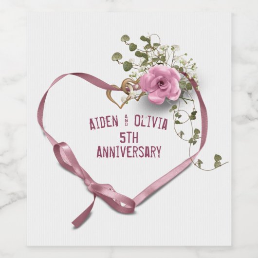 5. Jubiläum Rosa Herz-Band Weinlabel Weinetikett