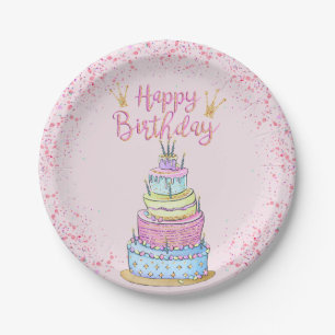 5 Layer Modern Girly Birthday Cake und Confetti Pappteller