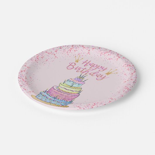 5 Layer Modern Girly Birthday Cake und Confetti Pappteller (Schrägansicht)