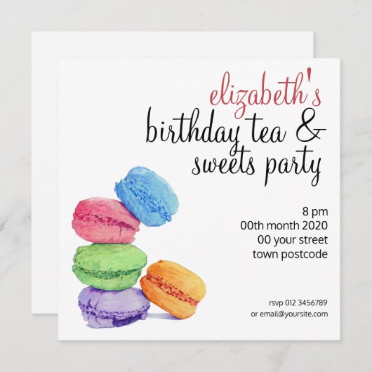 5 Macarons anpassbar zum Geburtstag Einladung (Vorne/Hinten)