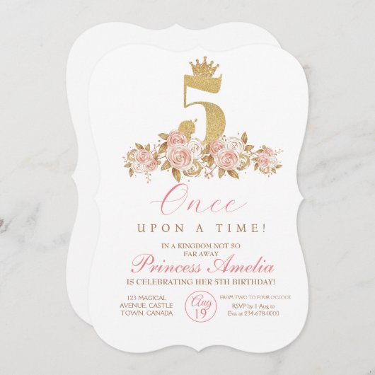 5. Niedliche Rosa Goldkronprinzessin Geburtstag Einladung (Vorne/Hinten)