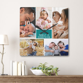 5 Photo Collage Family Is Everything Quote Teal Quadratische Wanduhr
