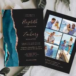 5-Photo Teal Blue Rose Gold Agate Dark Wedding Einladung