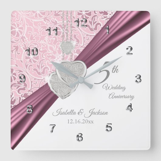 5. Pink Wedding Anniversary Keepake 2 Quadratische Wanduhr (Vorderseite)