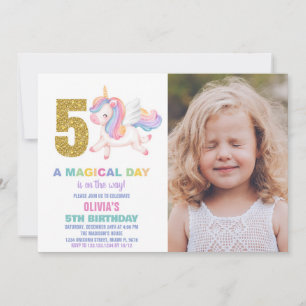 5. Rainbow Unicorn Geburtstag Einladungen mit Foto