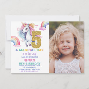 5. Rainbow Unicorn Geburtstag Einladungen mit Foto