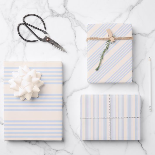 5 Streifen in hellblau und beige Geschenkpapier Set (Vorderseite)