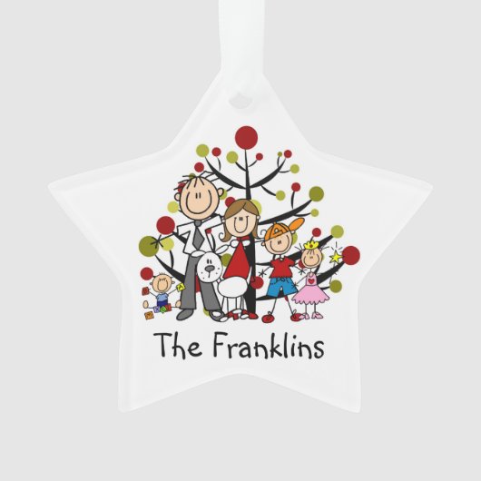 5-Strichmännchen-Familie mit Hunde-Akrylverzierung Ornament (Vorderseite)