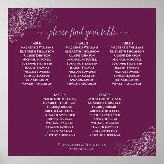 5 Tabelle Cassis & Silver Wedding Seating Chart Poster (Vorne)