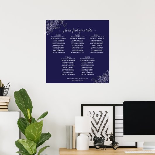 5 Tabelle Navy Blue & Silver Wedding Chart Poster (Heimbüro)