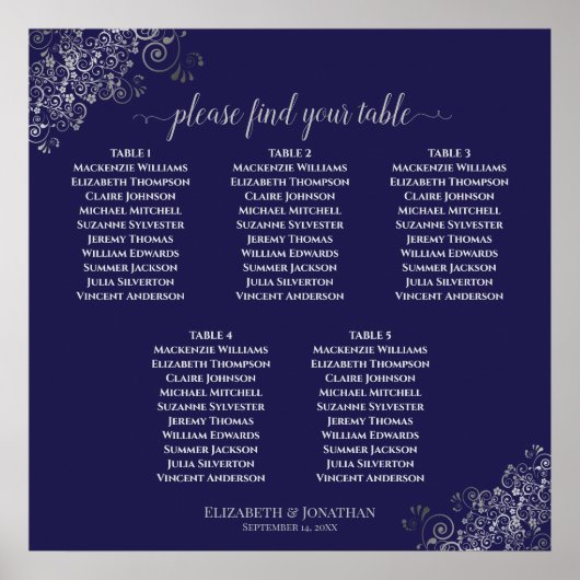 5 Tabelle Navy Blue & Silver Wedding Chart Poster (Vorne)