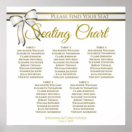 5 Tabelle White & Gold Hochzeitsdiagramm Poster (Vorne)