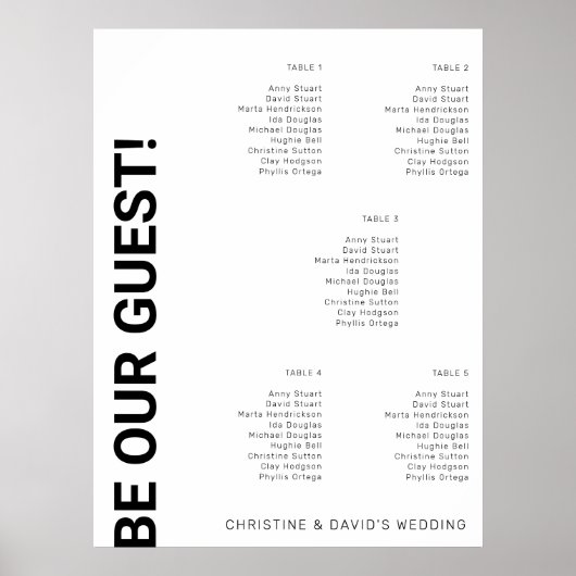 5 Tabellen Einfache White Wedding Chart Poster (Vorne)