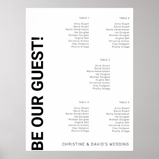 5 Tabellen Einfache White Wedding Chart Poster (Vorne)