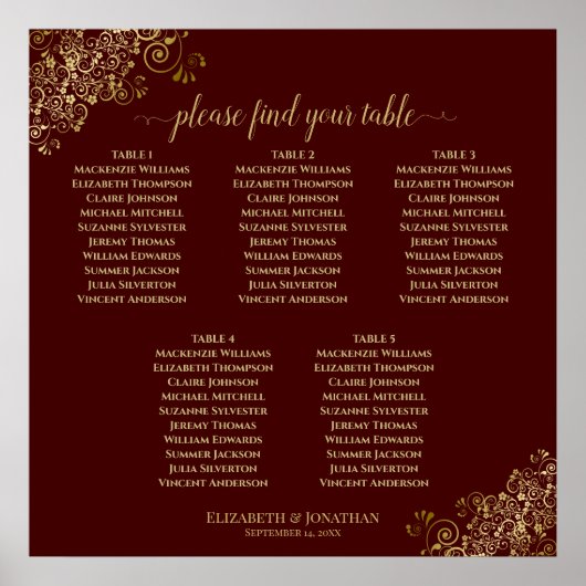 5 Table Auburn Wedding Chart Lacy Gold Poster (Vorne)