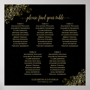 5 Table Black Wedding Seating Chart w/ Gold Frills Poster