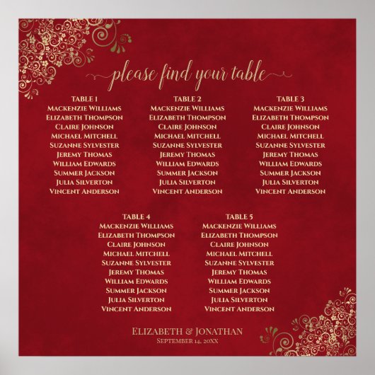 5 Table Crimson Red & Gold Wedding Seekarte Poster (Vorne)