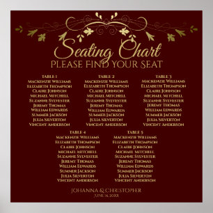 5 Table Gold & Auburn Brown Wedding Seating Chart Poster