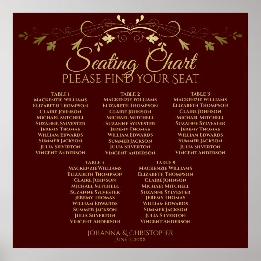 5 Table Gold & Auburn Brown Wedding Seating Chart Poster (Vorne)