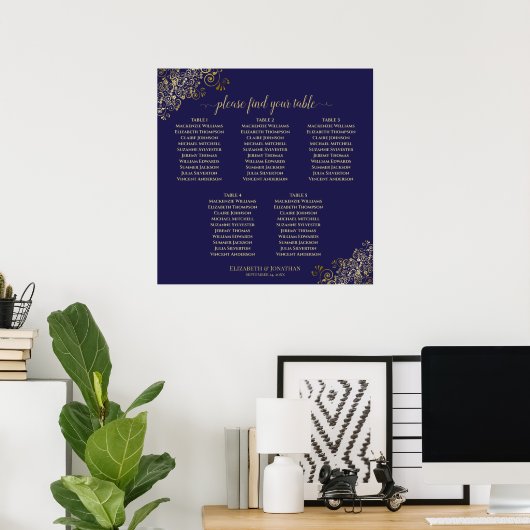 5 Table Navy Blue Wedding Chart Lacy Gold Poster (Heimbüro)