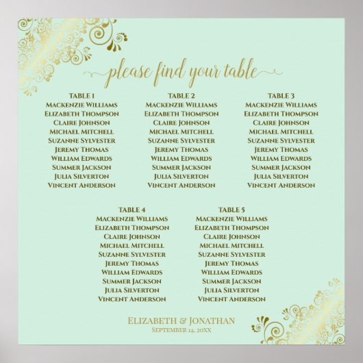 5 Table Neo Mint & Gold Hochzeitskarte Poster (Vorne)