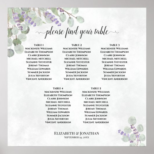 5 Table Wedding Seating Chart Eucalyptus Lavender Poster (Vorne)