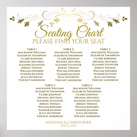 5 Tafelgeschmack Gold & White Wedding Seating Char Poster (Vorne)