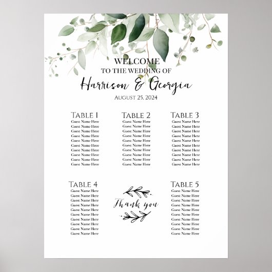 5 Tische Grüne elegante Hochzeitssitzkarte Poster (Vorne)