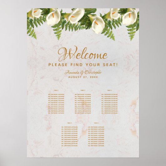 5 Tische Sitzkarte Calla Lilies Marmorhochzeit Poster (Vorne)