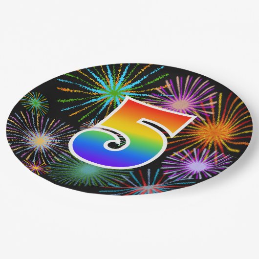 5. Veranstaltung - Spaß, farbenfroh, kühl, Regenbo Pappteller (Schrägansicht)