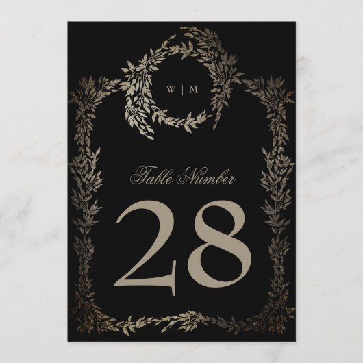 5 x 7 Black Gold Ebony Wreath Wedding Tischnummer (Vorderseite)