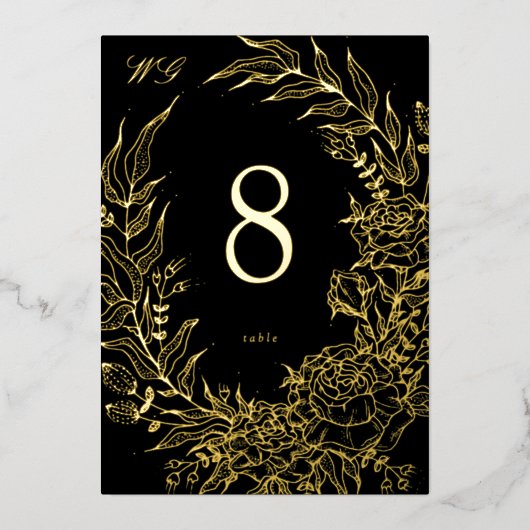 5 x 7 Black Gold FOIL Florals Wedding Table Number Folieneinladung (Vorderseite)