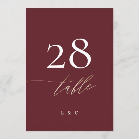 5 x 7 Elegante Burgundy Gold Wedding Tischnummer (Rückseite)