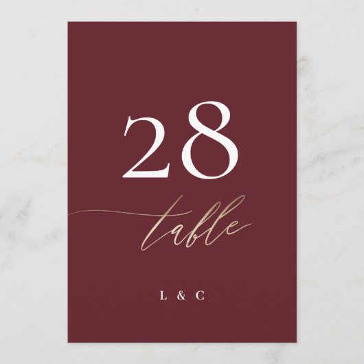 5 x 7 Elegante Burgundy Gold Wedding Tischnummer (Vorderseite)