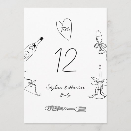 5 x 7 La Dolce Vita Doodle Wedding Tischnummer (Vorderseite)