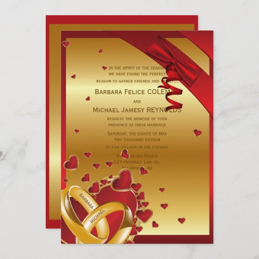 5" x 7" Luxus Moderne Goldene Ringe Rotes Herz Einladung (Vorne/Hinten)