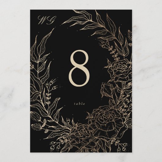 5 x 7 Schwarze Gold Blumen Hochzeit Tischnummer (Vorderseite)