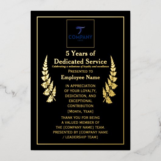 5 Years of Dedicated Service Award Custom Foil  Folien Feiertagskarte (Vorderseite)