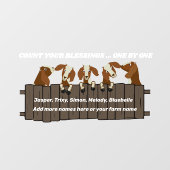 5 Ziegen auf rustikalem Holzzaun zählen Ihre Segnu Fensteraufkleber (Blatt)